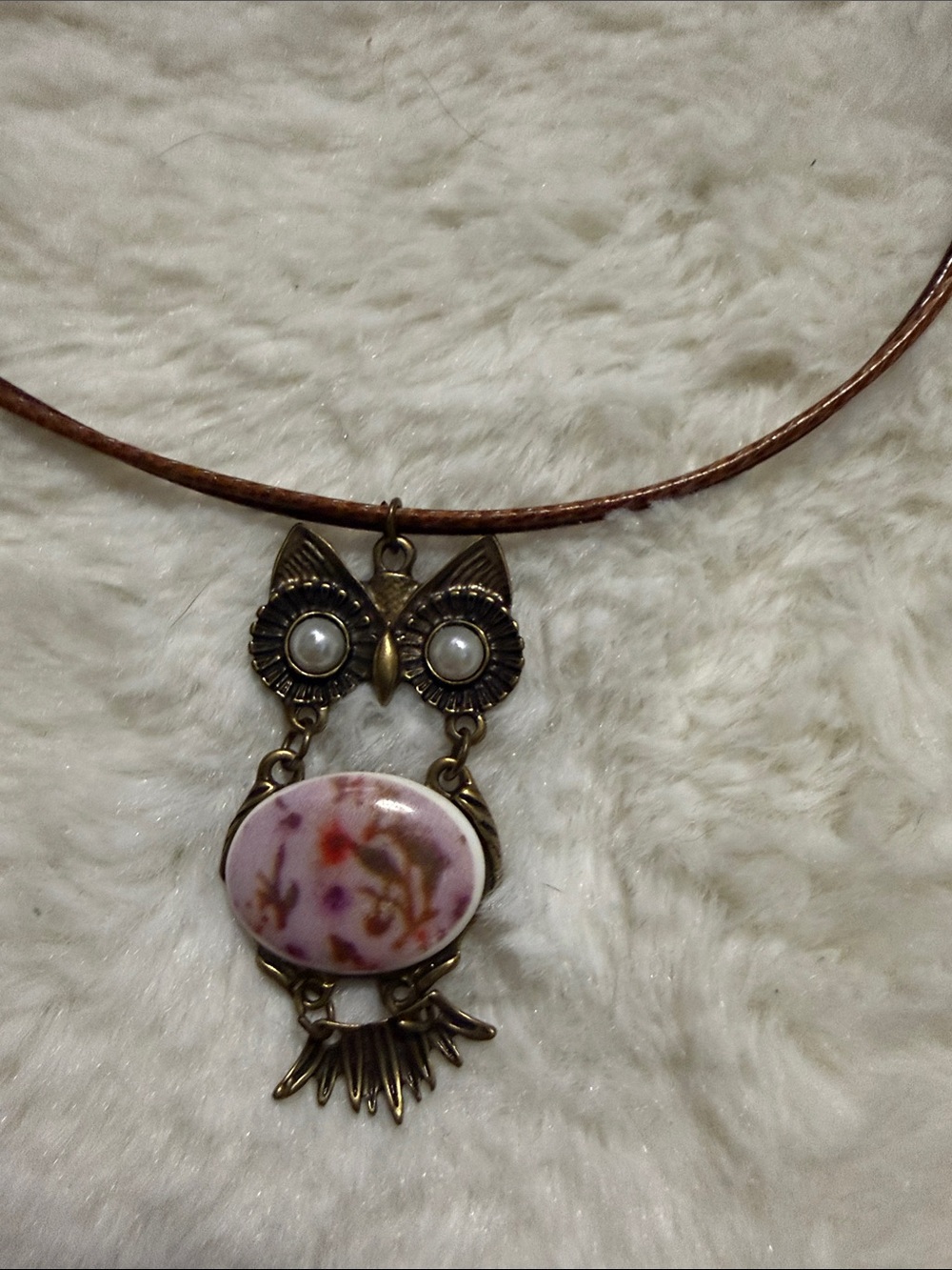 Vintage Porcelain Owl Pendant Necklace in Bronze with Pink Stone